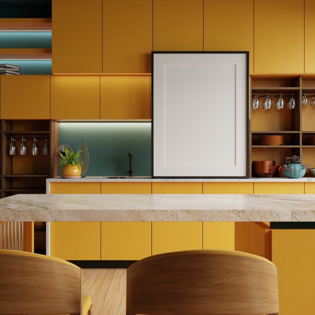 frame mockup in kitchen interior on wooden table in kitchen room