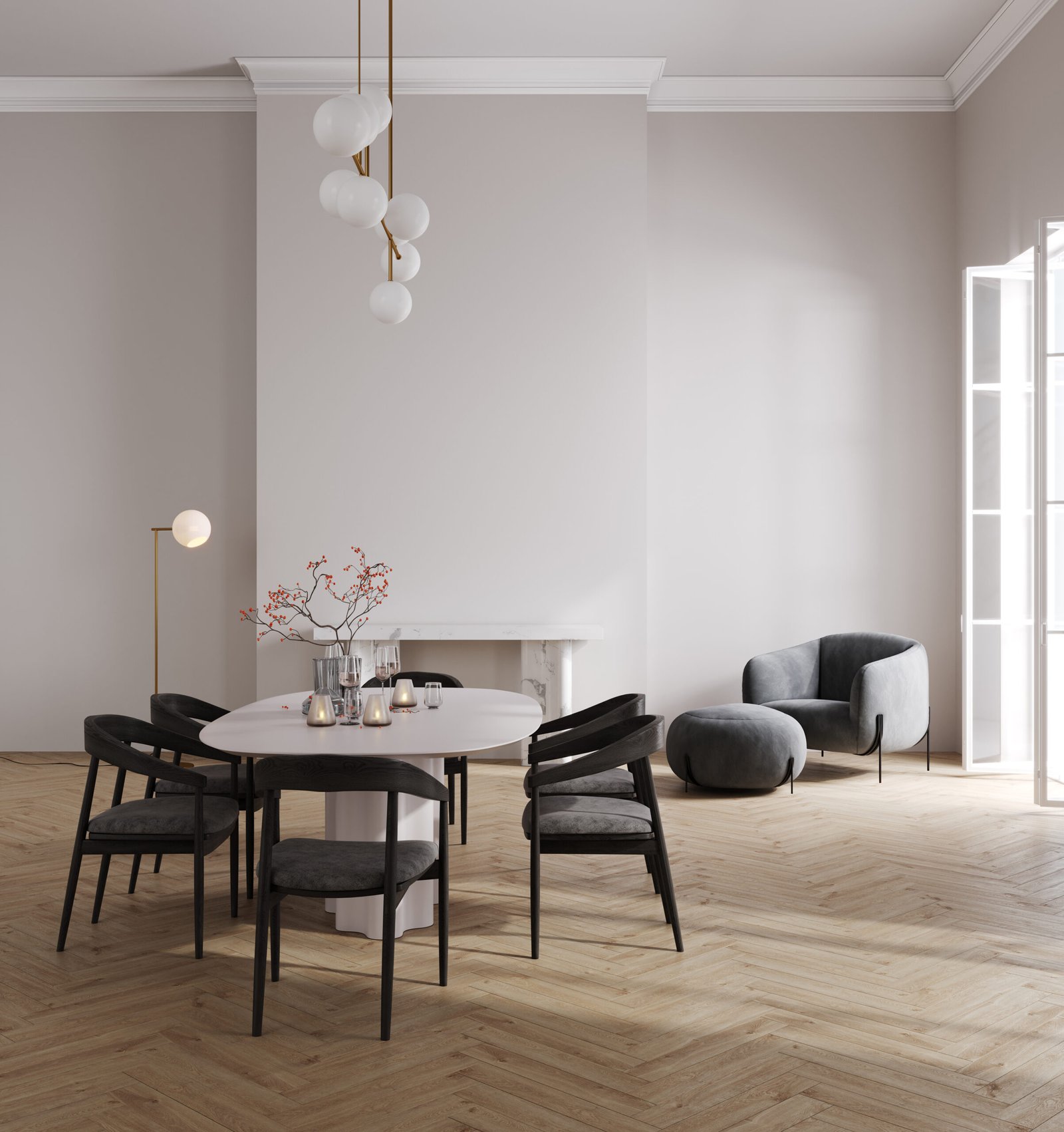 luxury interior mockup with black chair, white table and wooden