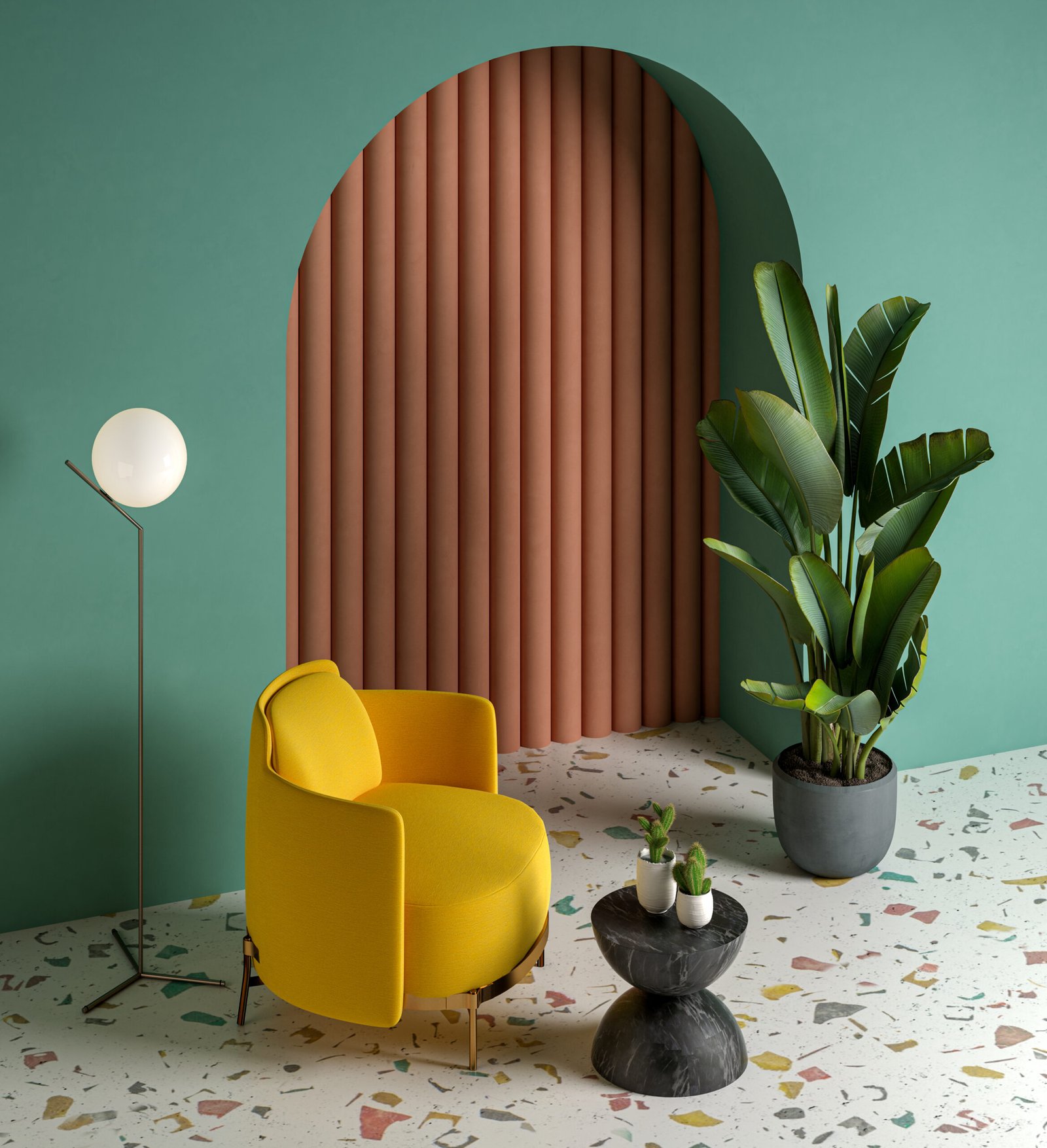 memphis style conceptual interior room 3d illustration